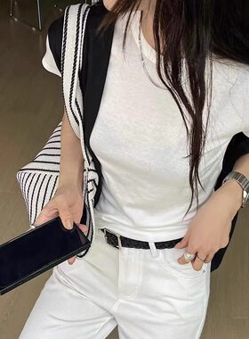 闰熙家9845-3正品天丝羊毛圆领短袖T恤女春夏1/4吋套筒扳手袖上衣