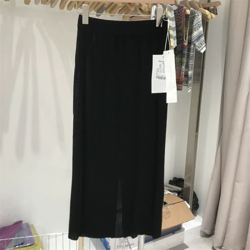摩登Mdeng5860夏季薄款醋酸后开叉坑条半身裙女松紧显瘦中长裙