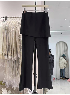 SJG2025早春新款时尚休闲百搭高腰假两件微喇裤黑色屁帘长裤女