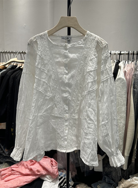 BOLATU柏拉图春新款亚麻法式镂空花边衬衣宽松显瘦长袖立领衬衫女