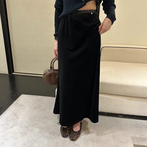 SJG设计感秋冬新款黑色丝绒鱼尾裙女金丝绒松紧腰显瘦长裙子89A50