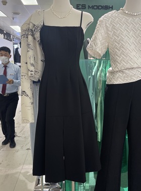 ES MODISH春夏1543黑色吊带连衣裙女赫本风收腰显瘦A字开叉中长裙