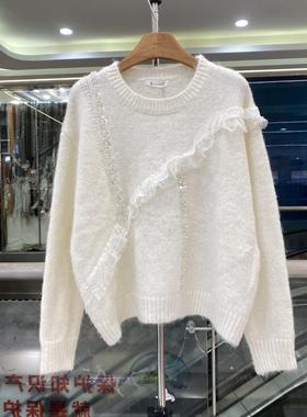 BD缤典38712圆领亮片蕾丝花边拼接羊毛针织毛衣套头衫女冬季