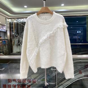 BD缤典38712圆领亮片蕾丝花边拼接羊毛针织毛衣套头衫女冬季