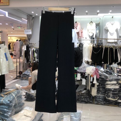 摩登mdeng直筒微喇裤女春季爆款高腰修身弹力显瘦黑色长裤F186