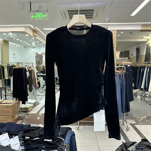 DU.DU3868正品2026早春款圆领垫肩显瘦侧开叉丝绒长袖打底衫T恤女
