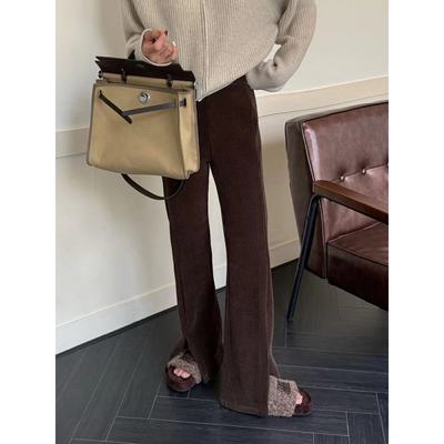 mdeng秋季韩版高腰显瘦开叉灯芯绒微喇休闲拖地裤女摩登3226F