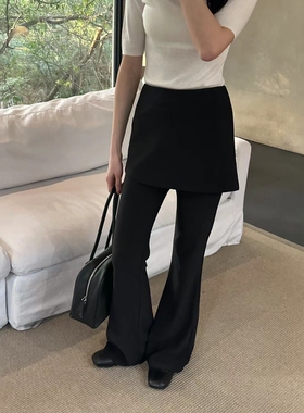 SJG设计感黑色微喇裤女春夏新款假两件半身裙喇叭裤显瘦长裤99B98