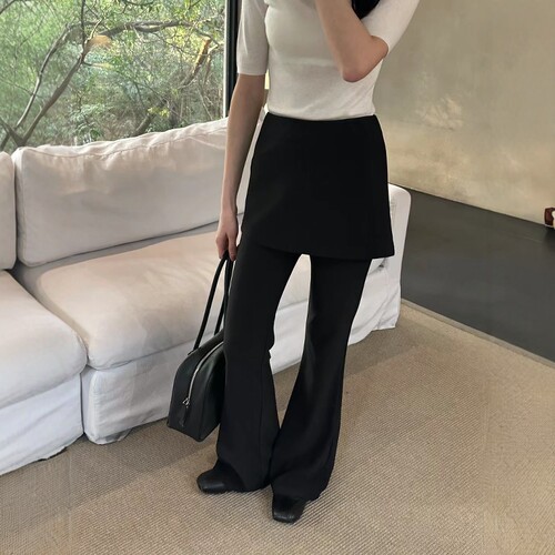 SJG设计感黑色微喇裤女春夏假两件半身裙屁帘显瘦喇叭裤显瘦长裤