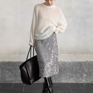 ES高级感重工亮片丝绒高腰半身裙女2025秋季气质时尚直筒包臀裙子