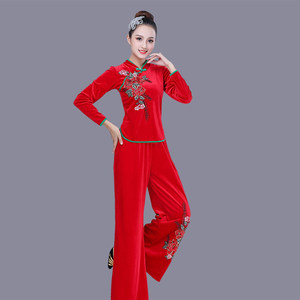 广场舞服装女新款套装金丝绒中老年舞蹈演出跳舞衣秧歌服扇子舞服