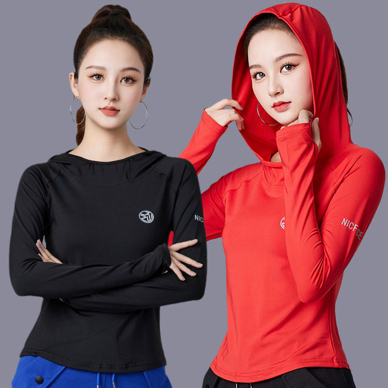 春秋新款帽衫上衣跑步运动瑜伽休闲健身服跳操女款户外弹力长袖衣