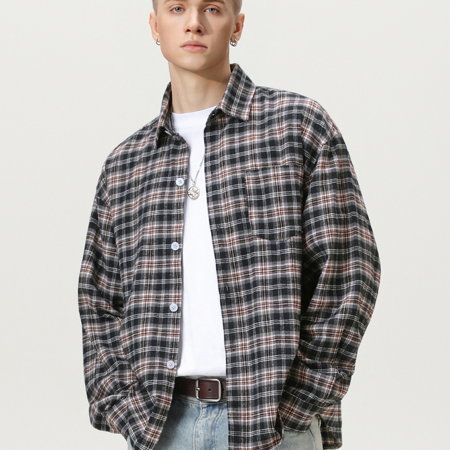 LJOSANNLAM美式复古撞色格子长袖衬衫男秋季宽松百搭高级感