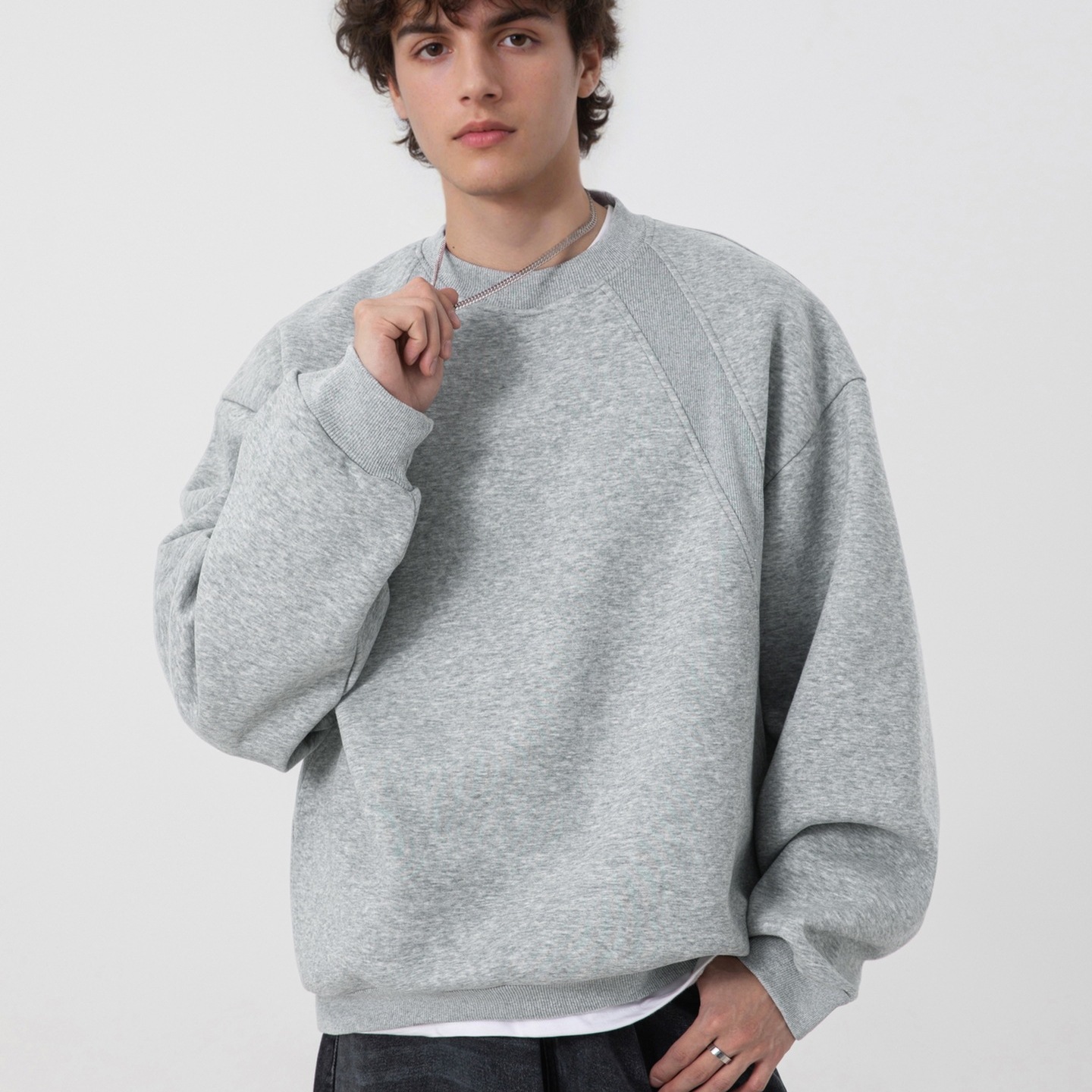 LJOSANNLAM简约休闲风重磅圆领卫衣男秋季宽松套头衫灰色长袖