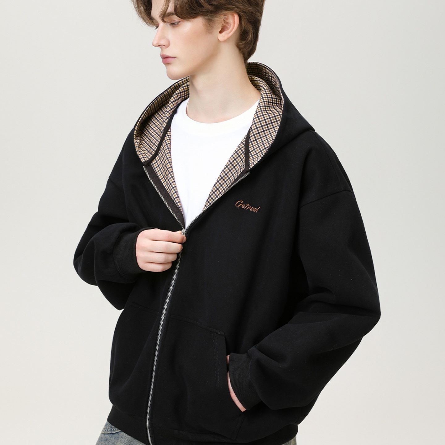 LJOSANNLAM美式休闲风连帽开衫卫衣男宽松撞色拉链外套黑色