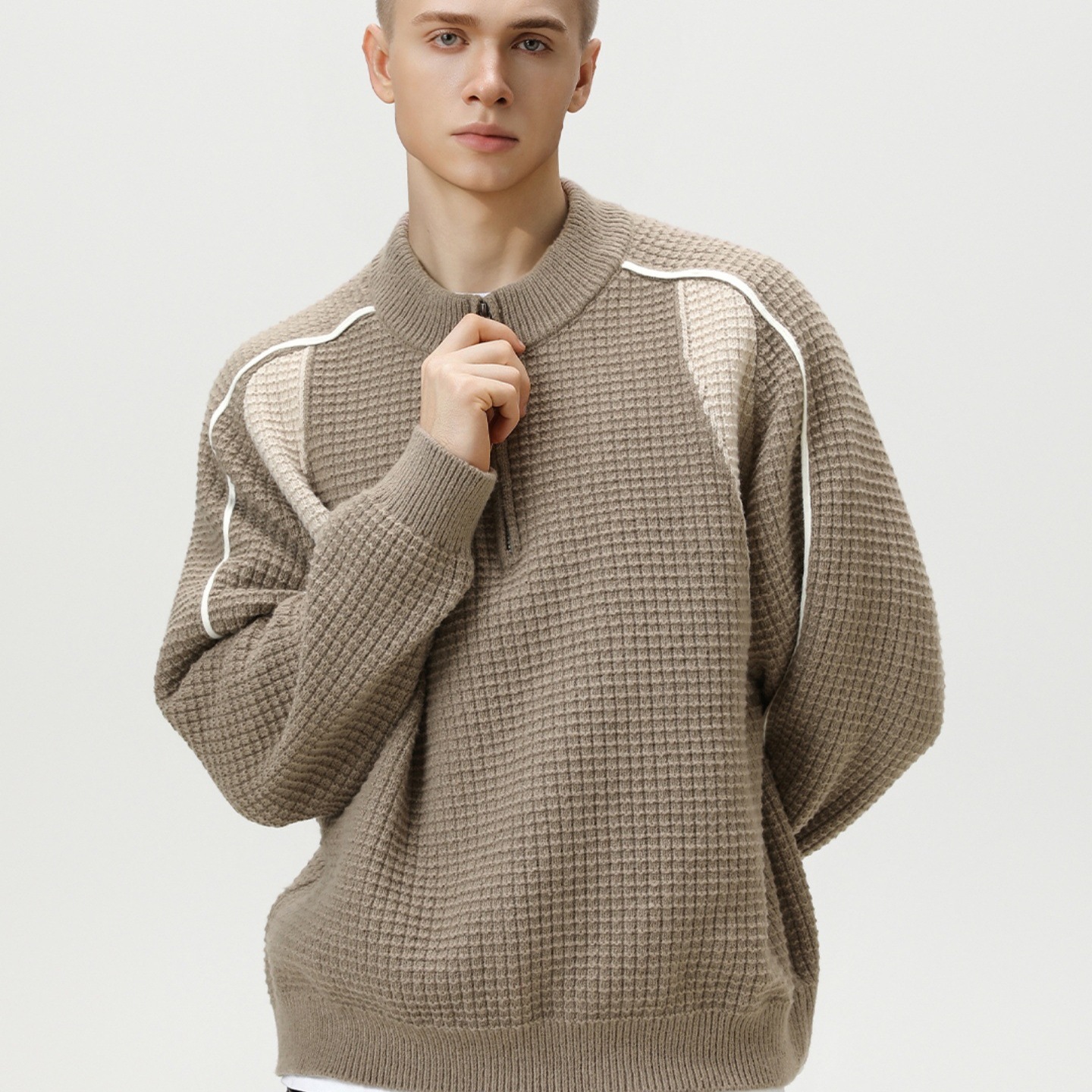 LJOSANNLAM2025新款半拉链立领毛衣男宽松撞色拼接针织衫休闲上衣