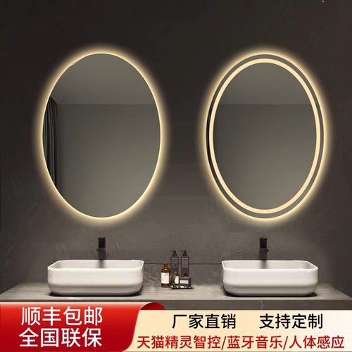 椭圆形智能镜lLED灯浴室镜子卫生间防雾带灯化妆镜壁挂发光感应镜