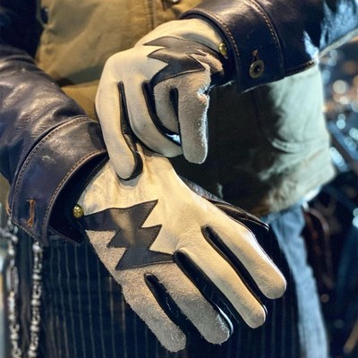 日本品牌黑白闪电哈雷凯旋摩托复古机车做旧翻毛牛皮短款手套