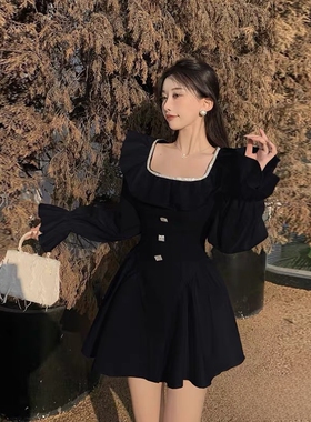 095 新款法式赫本风黑色连衣裙女荷叶边提花温柔百搭S码