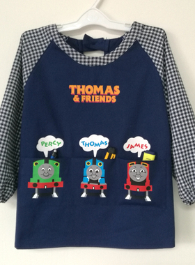 全棉布长袖围裙纯棉儿童小男孩托马斯反穿罩衣可爱画画衣幼儿园服