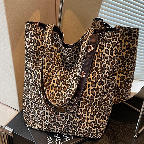 复古豹纹帆布袋大容量通勤托特包