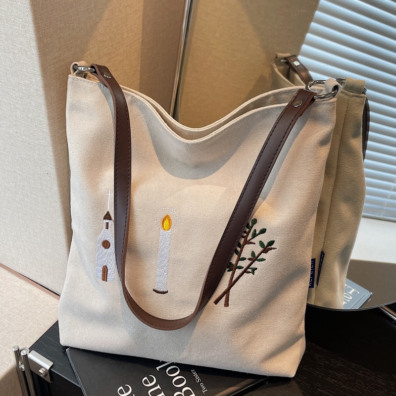 质感刺绣帆布托特包大容量腋下包
