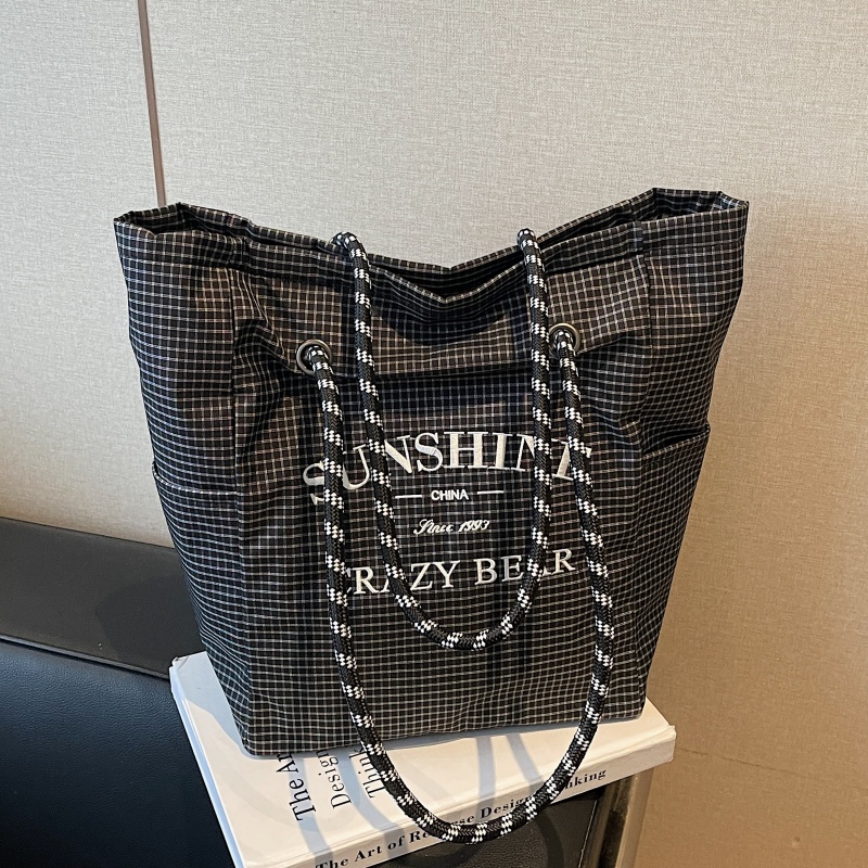 格子帆布托特包大容量斜挎手拎包