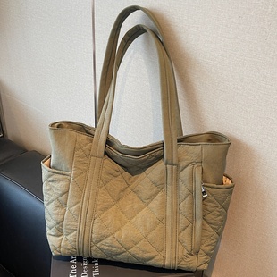 冬季 菱格棉服包包女大容量学生上课通勤包小众百搭单肩帆布托特包