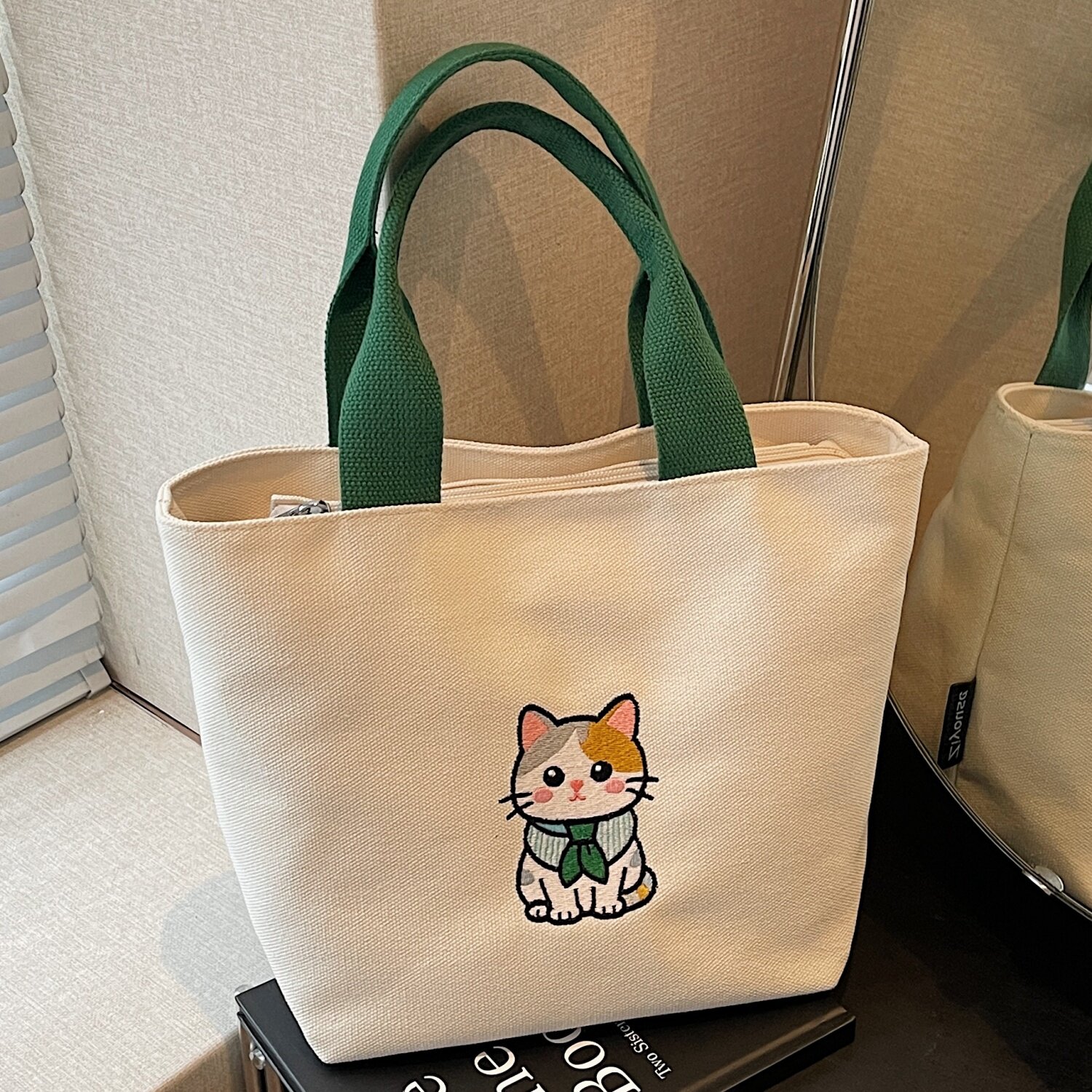 刺绣猫咪帆布小包包女夏季百搭妈咪便当手提袋上班通勤手拎托特包