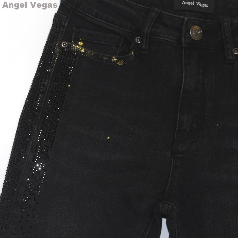 轻奢欧货深色中高腰弹力铅笔裤女angelvegas烫钻擦金显瘦牛仔裤潮