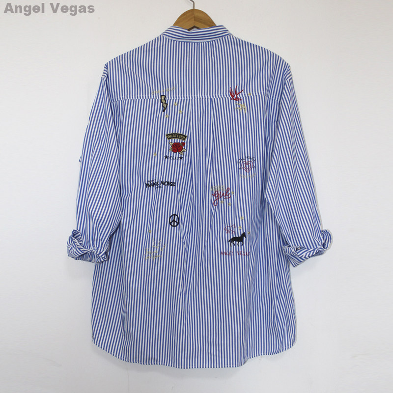 欧货宽松刺绣蓝条纹衬衫女士angelvegas新款长袖显瘦大码上衣夏天