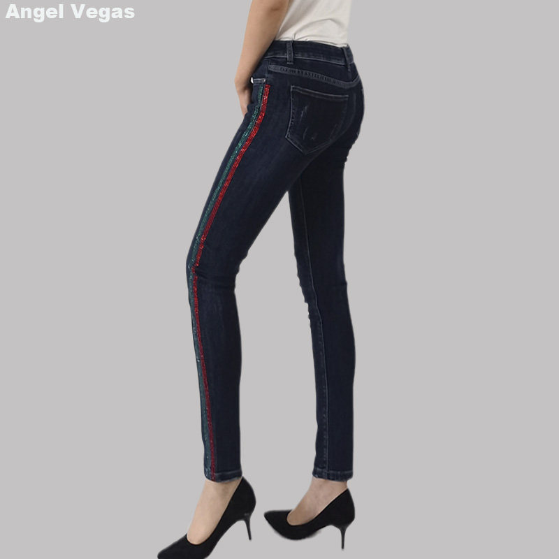 欧货奢华烫钻弹力显高显瘦深色牛仔裤女angelvegas深蓝色铅笔裤