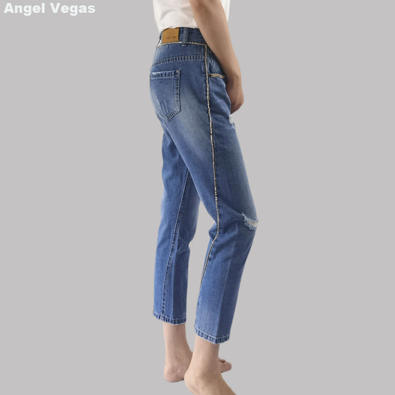 特价2021秋季浅蓝色破洞哈伦裤女angelvegas宽松镶钻休闲牛仔裤潮