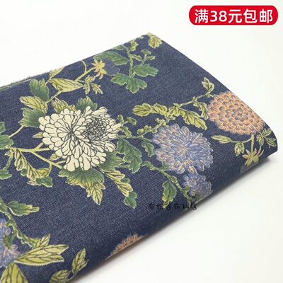 深蓝色花朵涤棉牛仔服装裤子布料