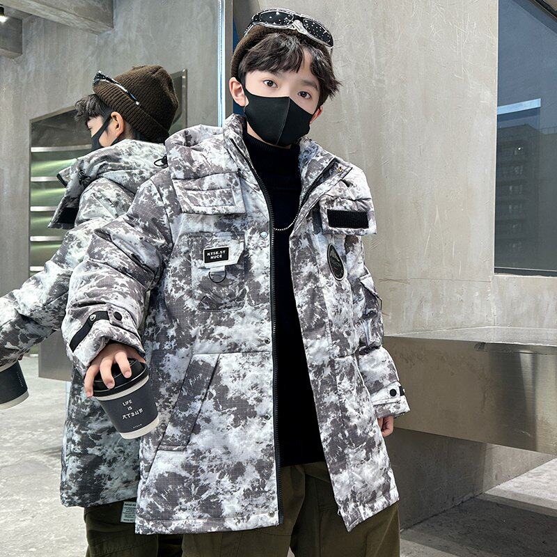 男童羽绒服中长款中大童儿童2025新款加厚冬季男孩子迷彩外套时尚