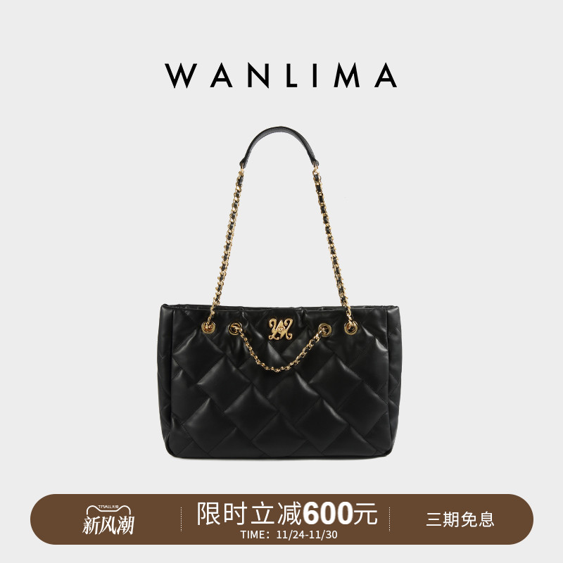 万里马油蜡牛皮菱格链条托特包包女大容量真皮子母单肩包简约轻奢