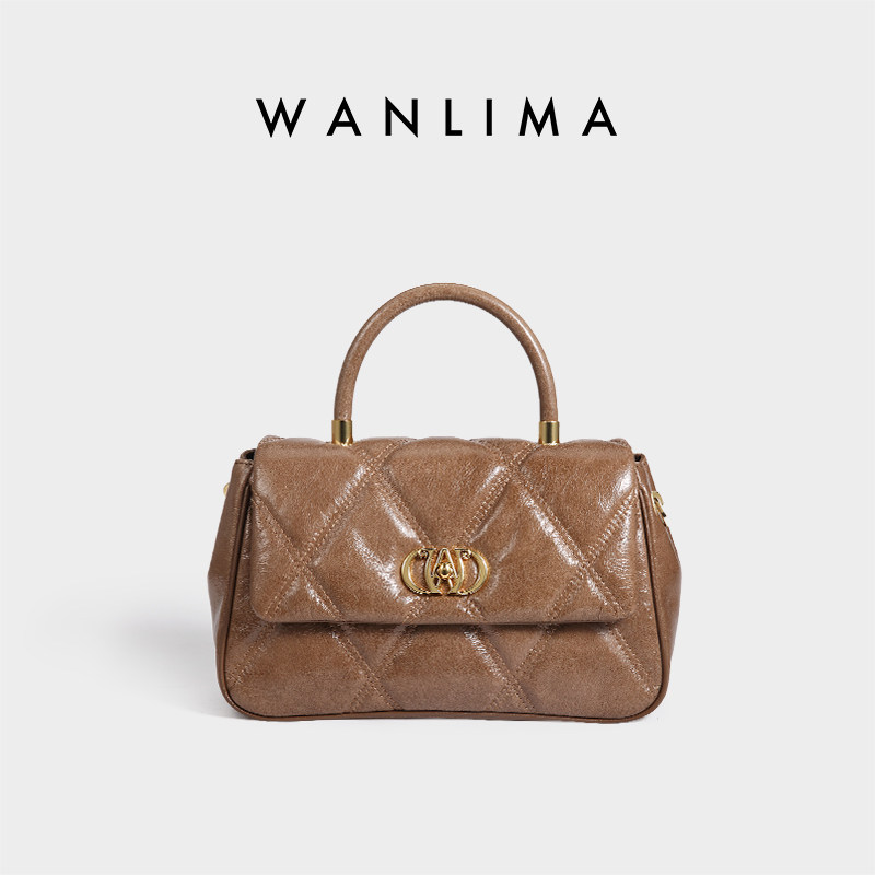 万里马纳帕牛皮菱格手提包包女小香风真皮小方包通勤油蜡皮斜挎包