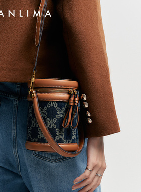 万里马丹宁手提发财桶水桶包女单肩斜挎迷你牛仔圆筒包便携化妆包