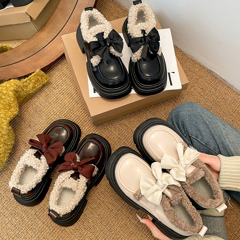厚底松糕蝴蝶结加绒小皮鞋