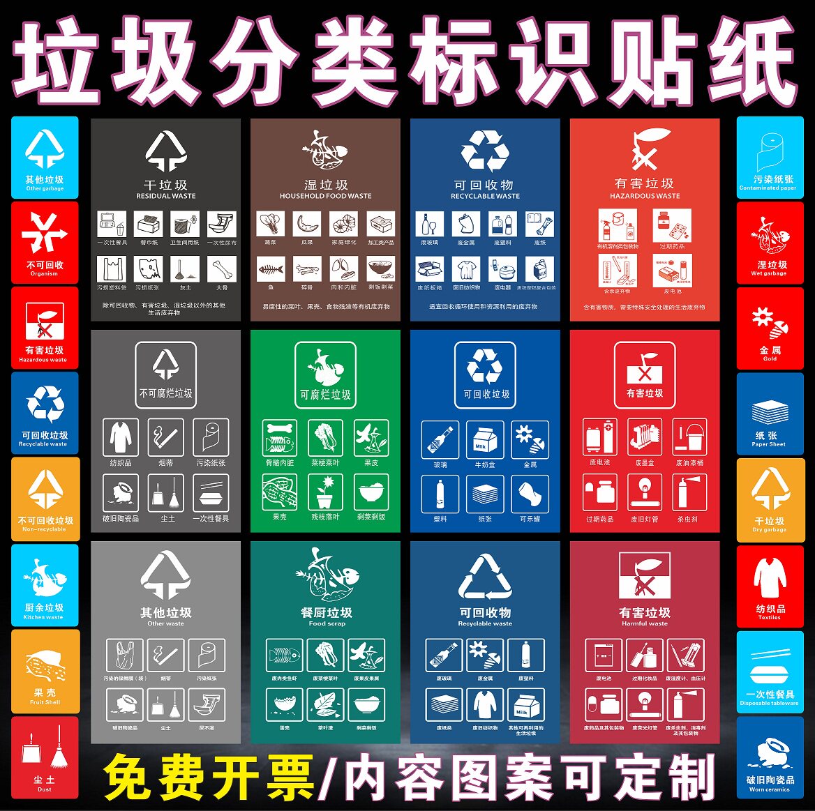 垃圾桶分类标识贴纸不可回收厨余干湿有害其他垃圾标志标签提示牌
