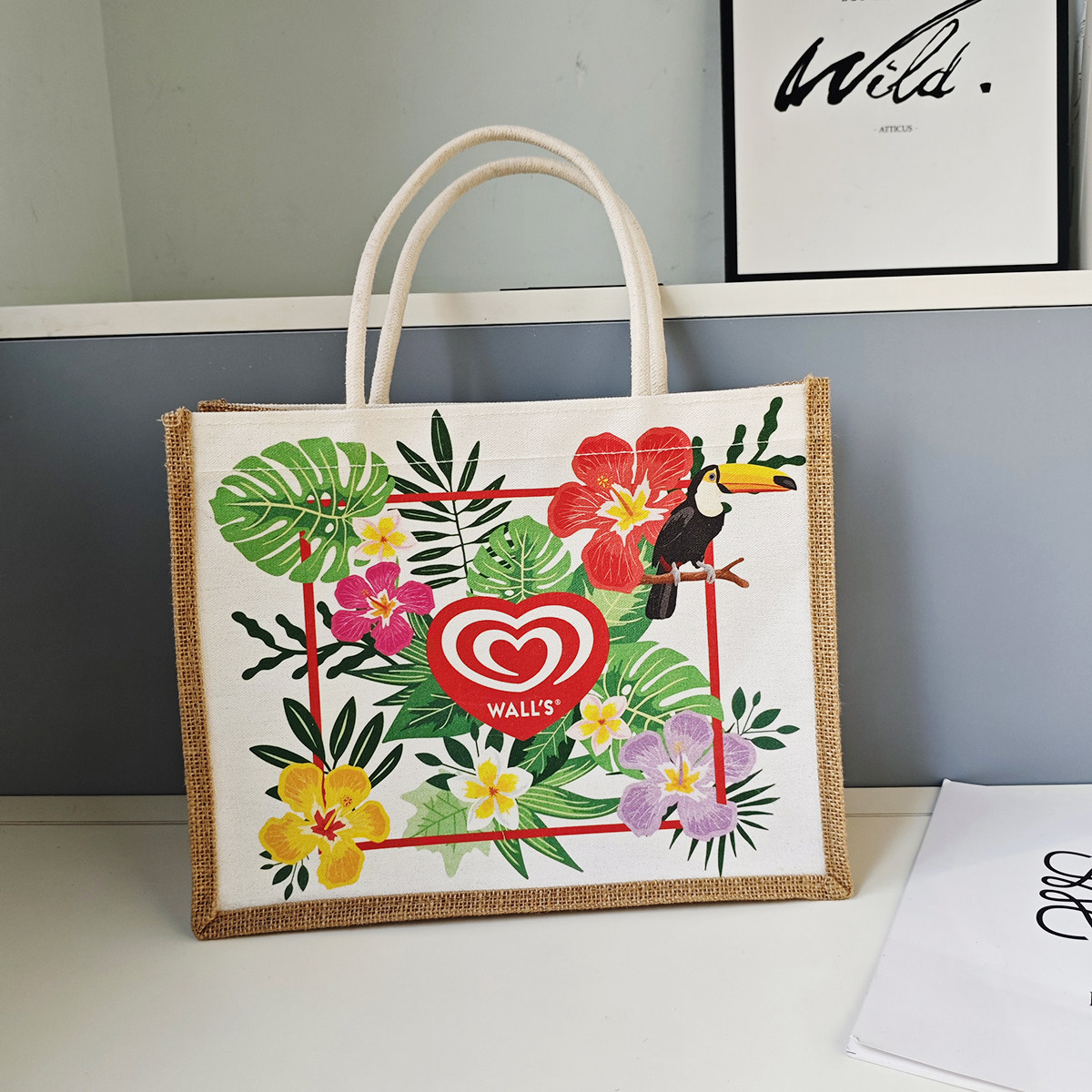 植物印花帆布包女手提托特包大容量ins风麻布购物袋带饭包补习包