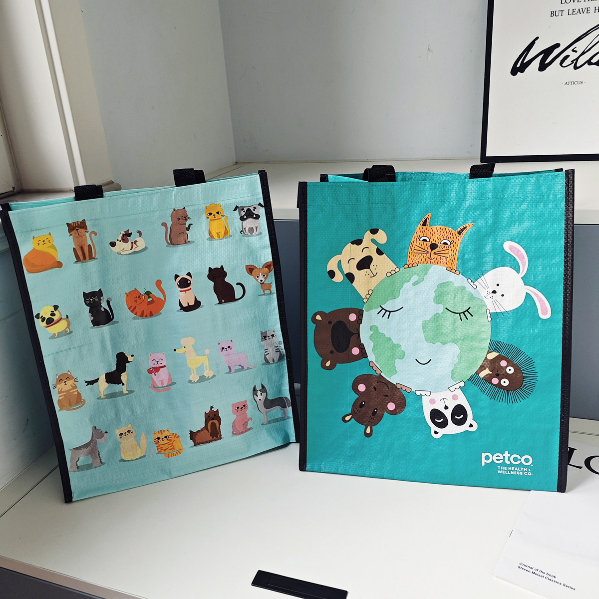 卡通动物印花超市购物袋宠物收纳袋环保袋大容量学生补习袋编织袋