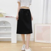 黑色运动半身裙开叉a字松紧腰通勤纯色显瘦直筒中长裙大码 高腰