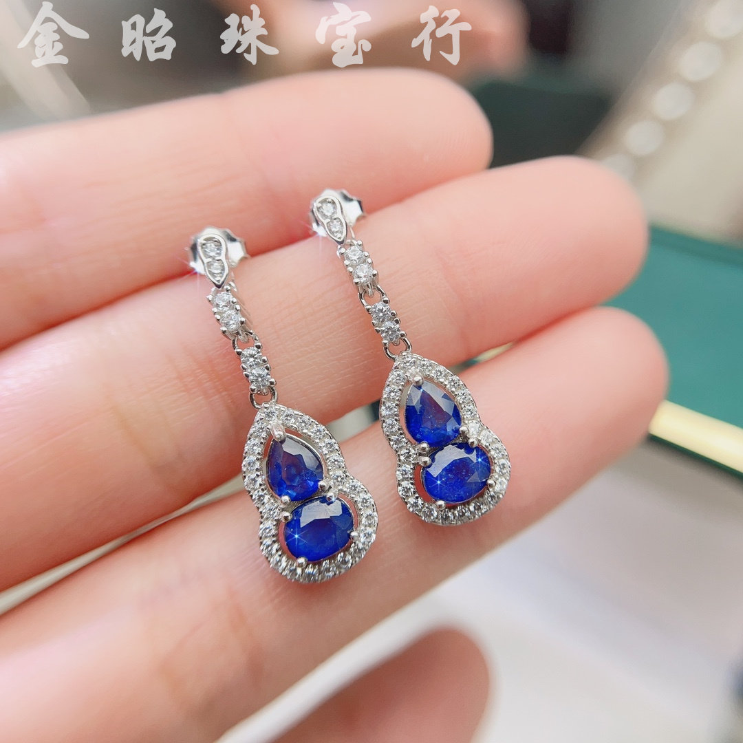 蓝宝石耳坠女士S925银葫芦款福禄招财耳环轻奢个性时尚旺夫石耳饰