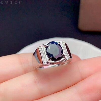 天然蓝宝石男戒s925豪镶