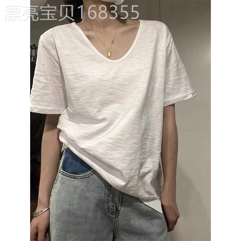 白色短袖t恤女夏季薄款2026新款韩版宽松显瘦休闲v领半袖体恤上衣