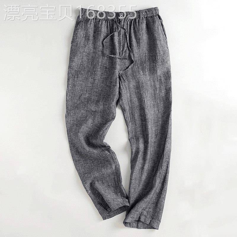 它在时尚品牌亚麻休闲裤男士夏季薄透气纯色宽松覆古拉绳直裤