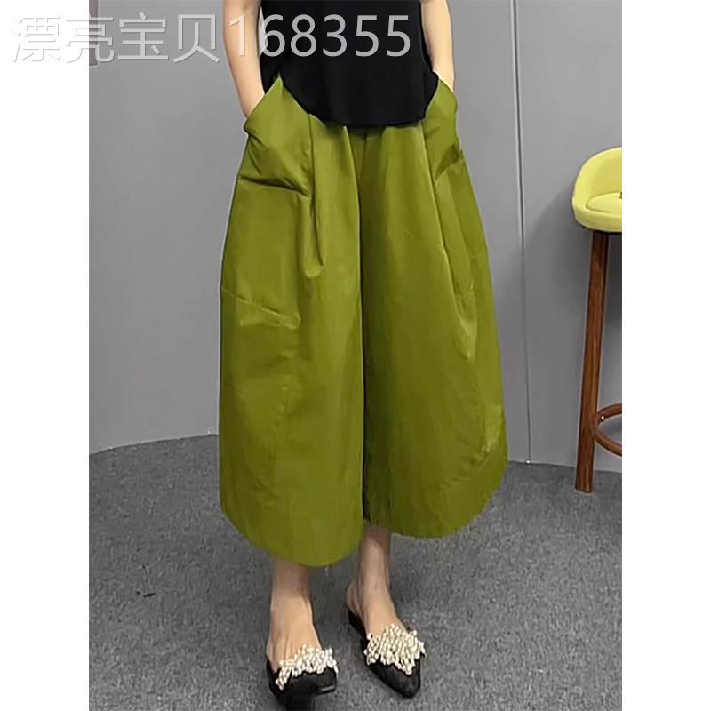 绿色高腰八分花苞裤女夏季欧货纯色宽松阔腿裤时尚复古显瘦休闲裤