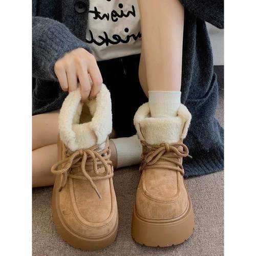 香港MK&DK.SW大头系带短筒雪地靴女冬季新款加绒毛毛厚底东北棉鞋