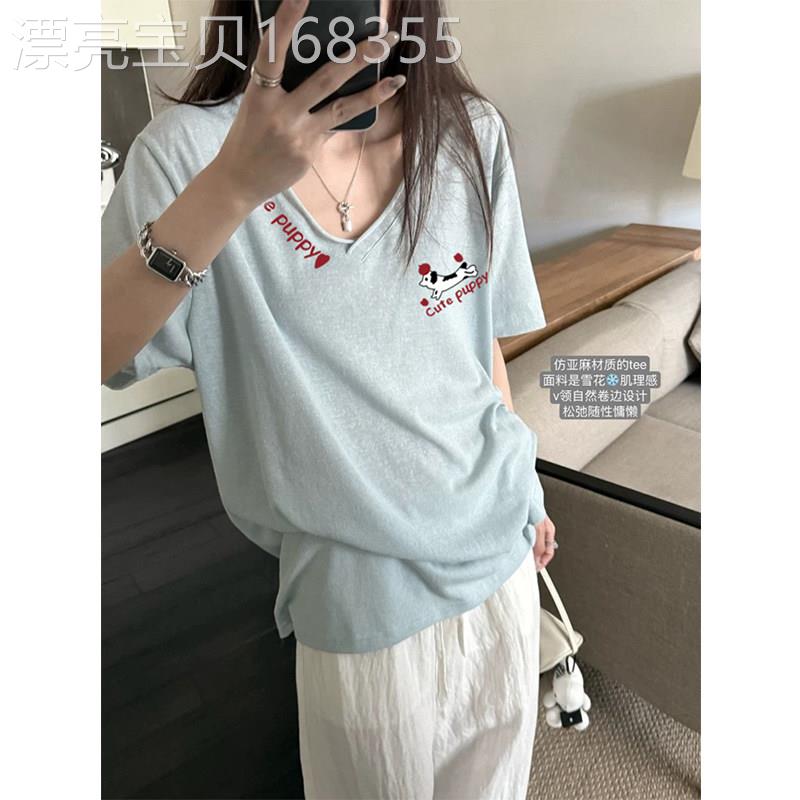 雪花棉T恤短袖女夏薄款卷边设计感小众V领宽松韩版慵懒风蓝色上衣